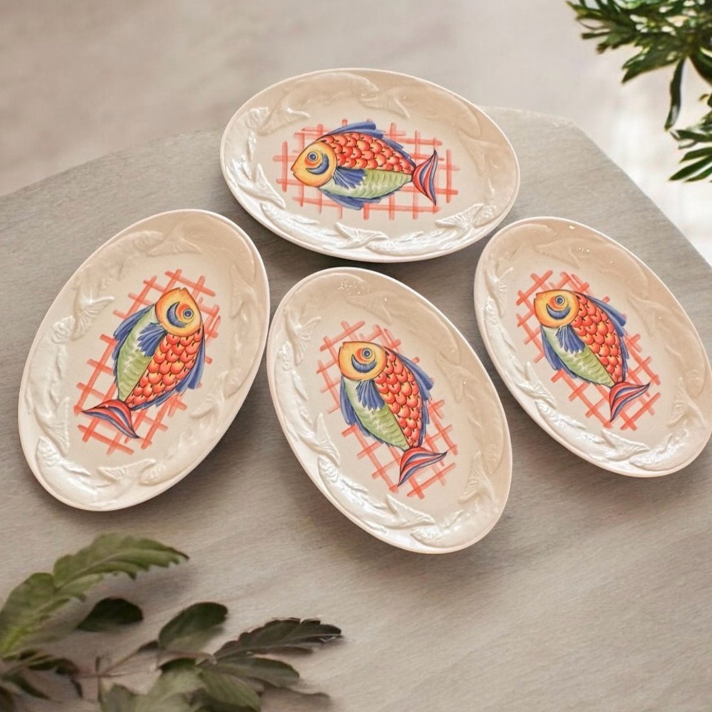 Vintage STOVIT Made In Italy Vibrant Hand Painted 12” Porcelain Fish Plates (4)